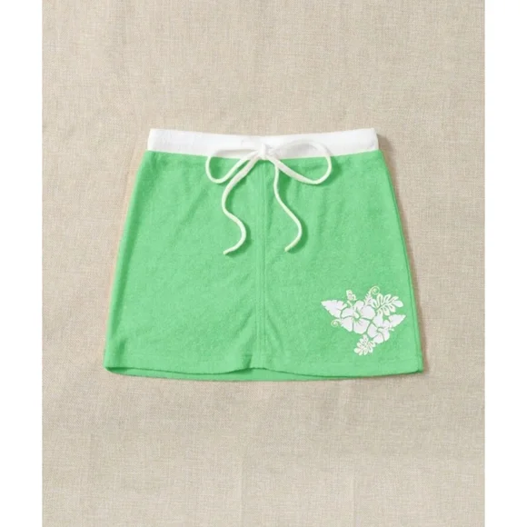Terry Cloth Mini Skirt With Hibiscus Flower/Tropical Flower Green & White Large - Picture 3 of 8